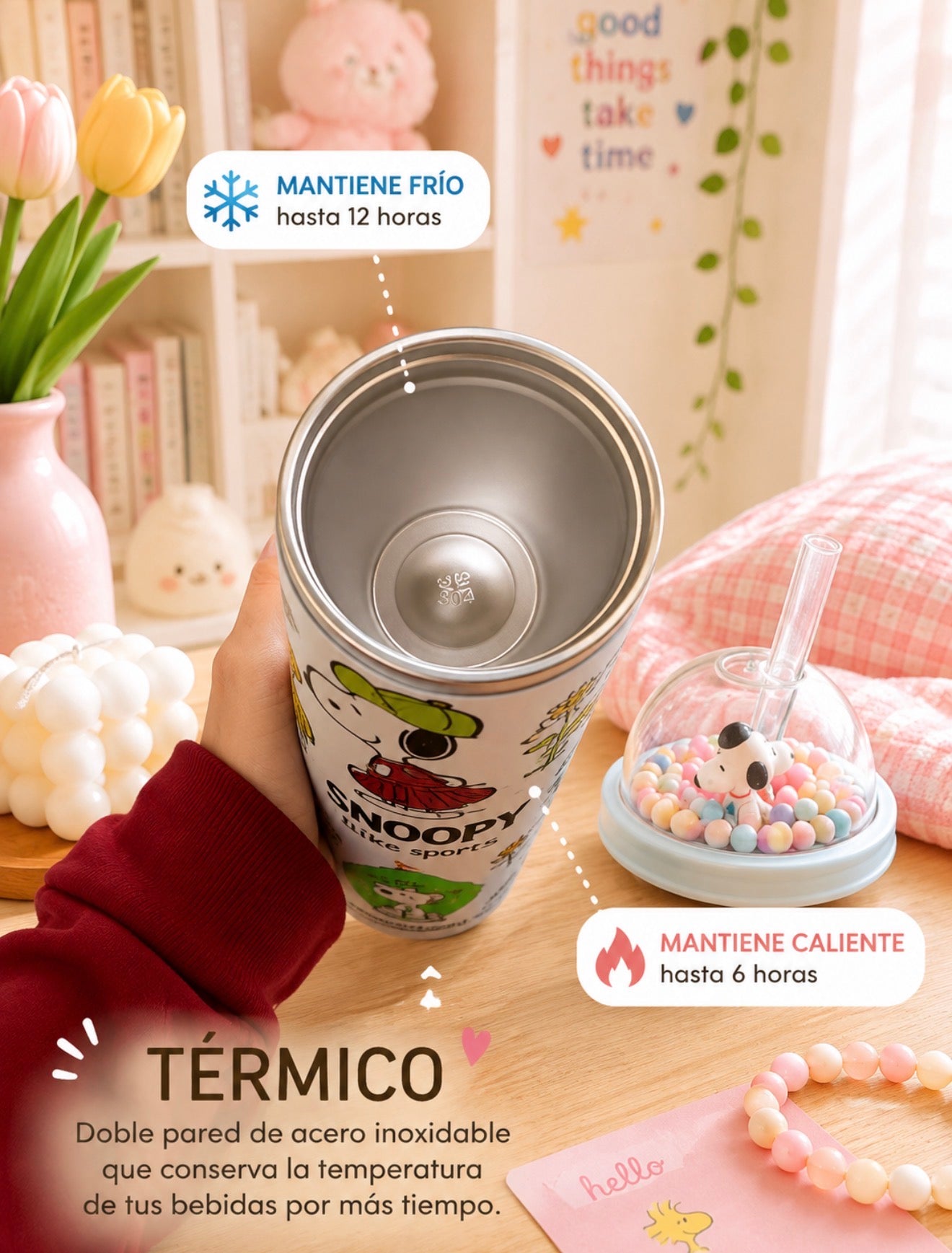 Vaso Térmico Snoopy con Domo y Pajilla 750 ml