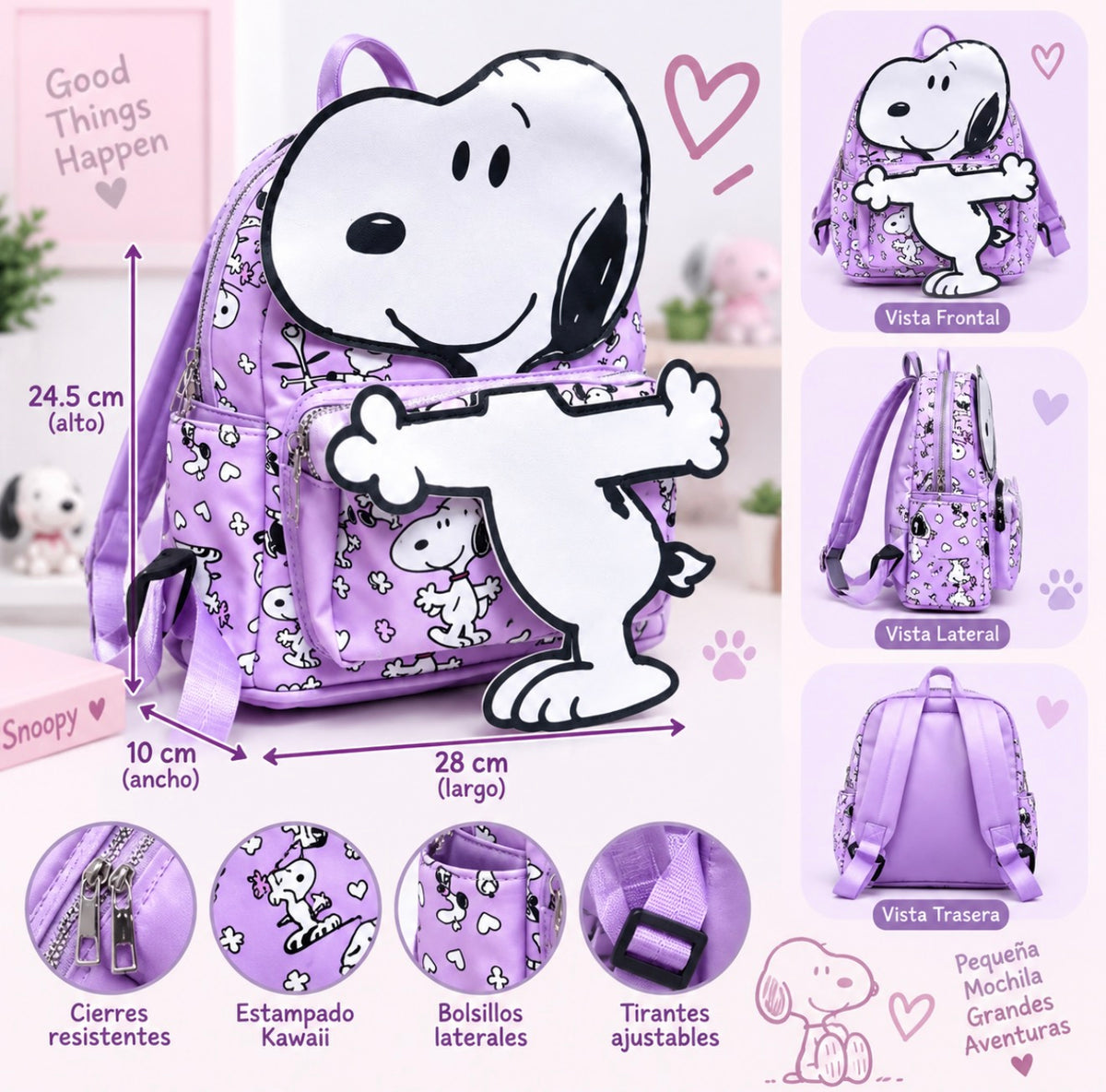 Mochila Snoopy Kawaii con Bolsillo Frontal