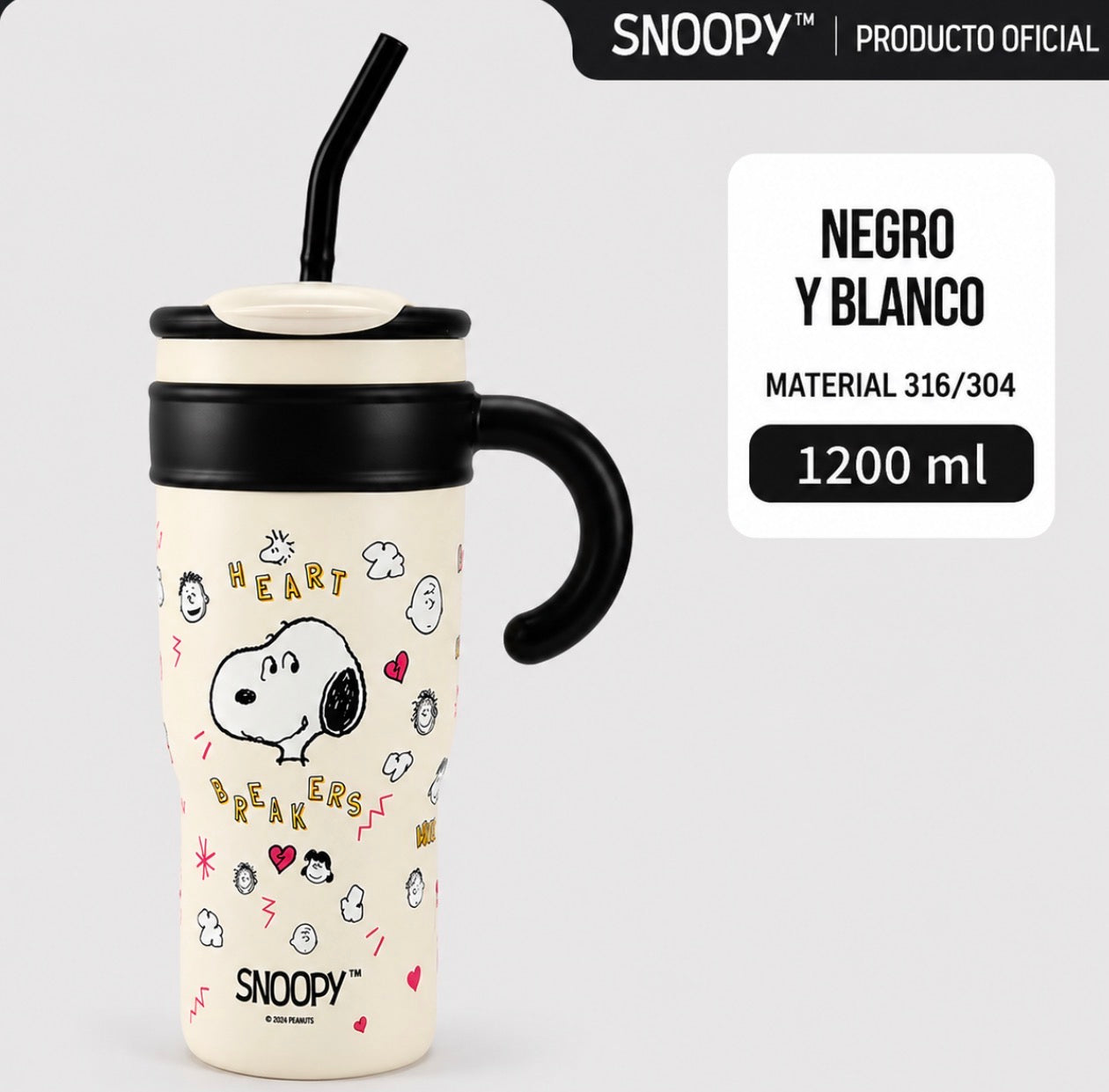 Vaso Térmico Snoopy con Asa y Pajilla – 1200 ml