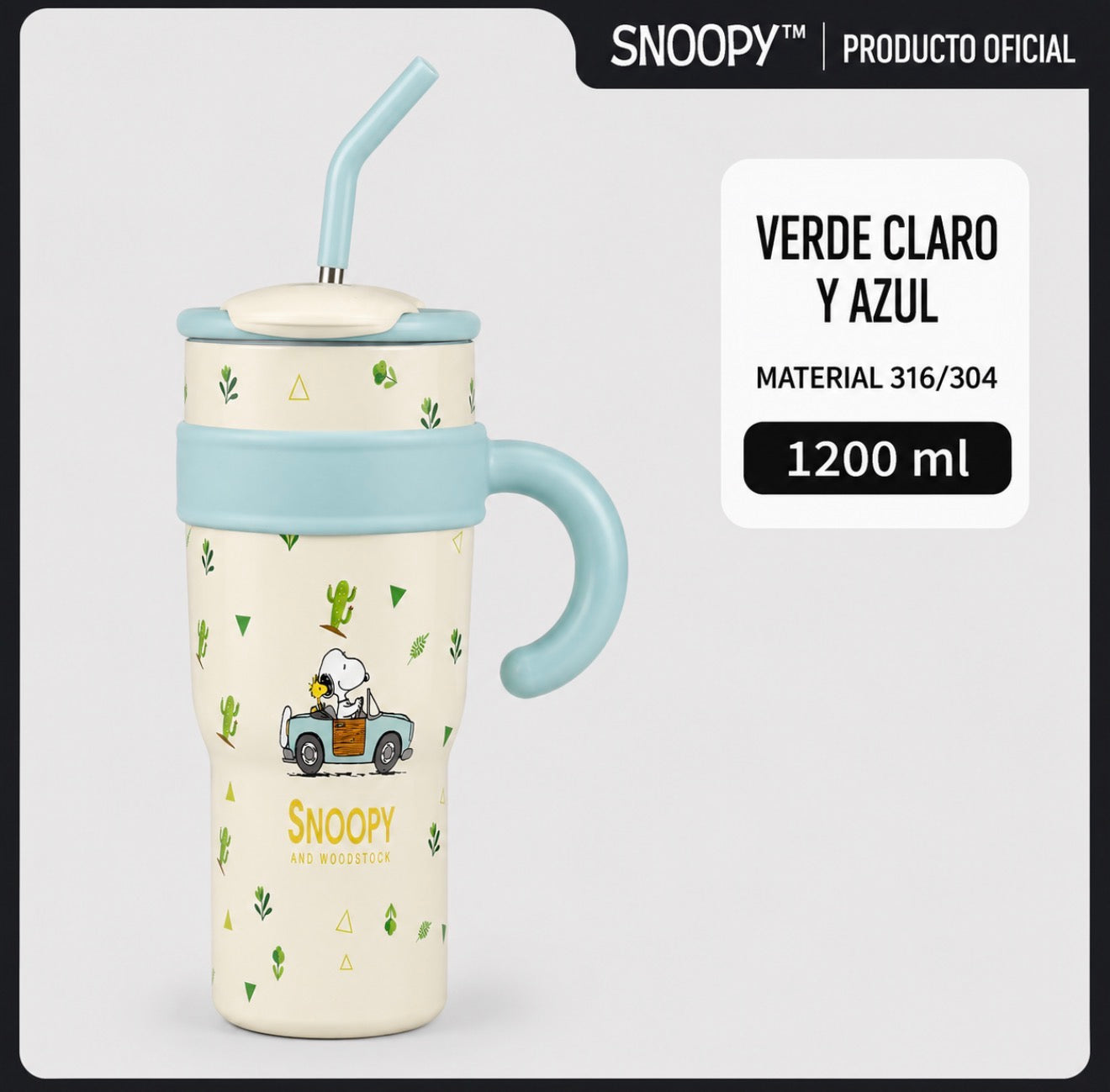 Vaso Térmico Snoopy con Asa y Pajilla – 1200 ml