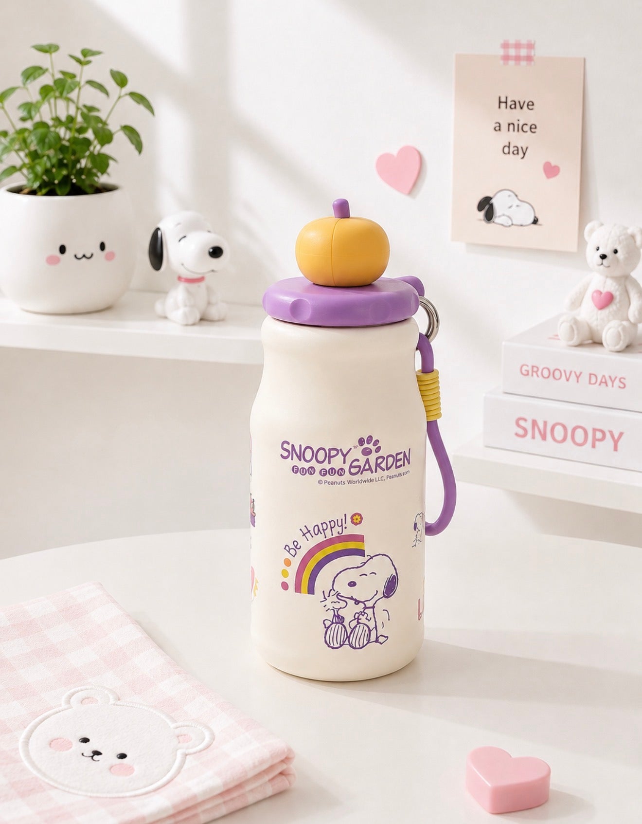 Termo Snoopy con Pajilla de Acero Inoxidable 16 oz