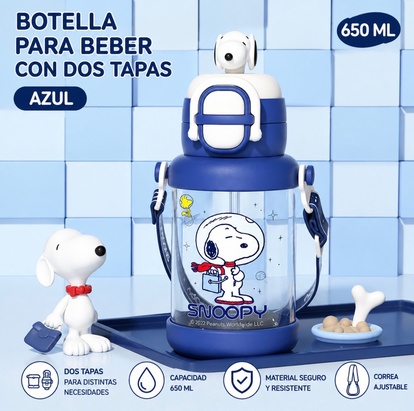 Botella Snoopy con Doble Tapa y Correa – 650 ml