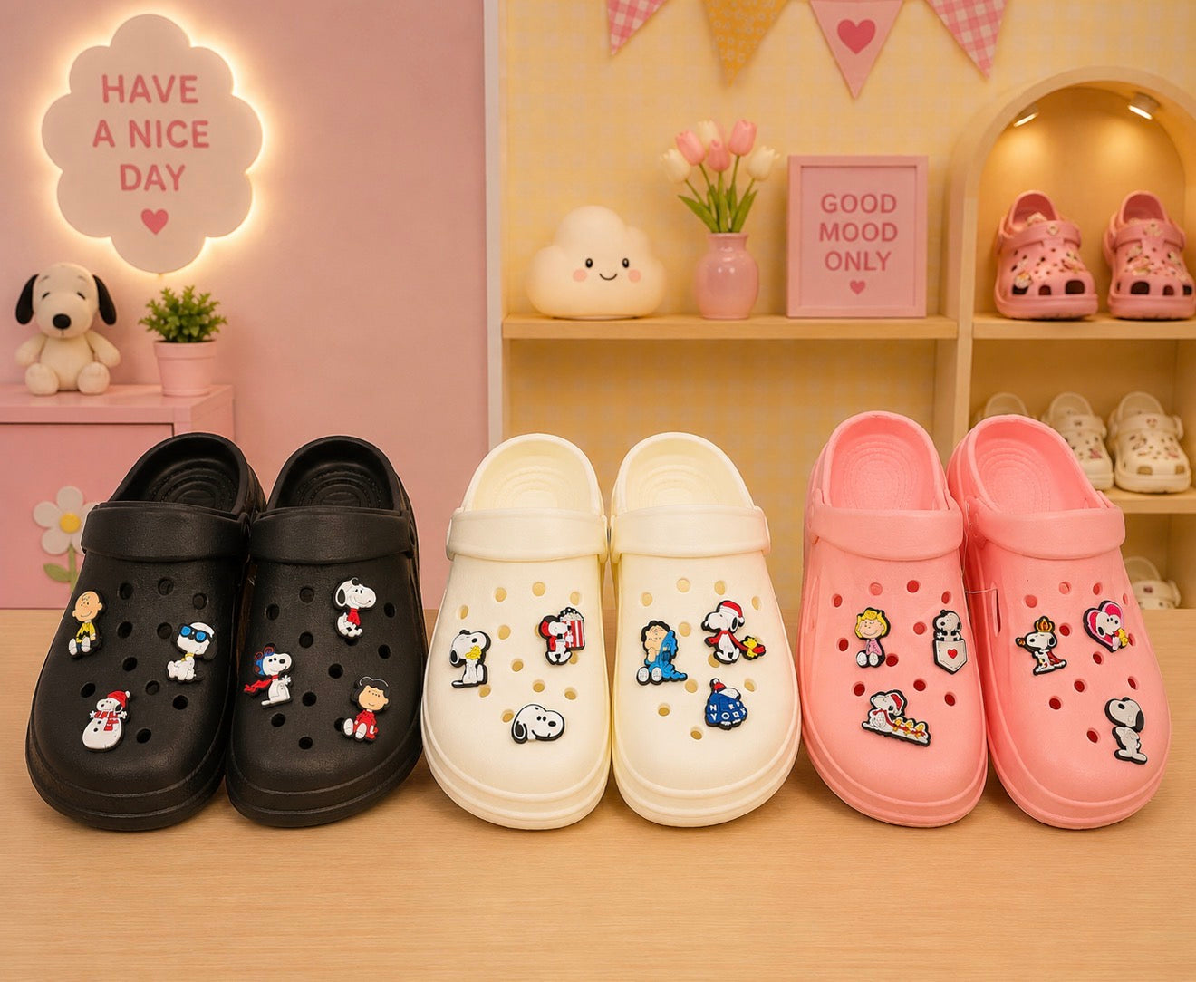 Clogs Kawaii con Charms de Snoopy