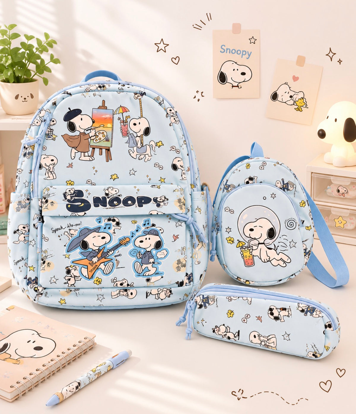 Trío Mochila Snoopy – Mochila + Pechera + Estuche