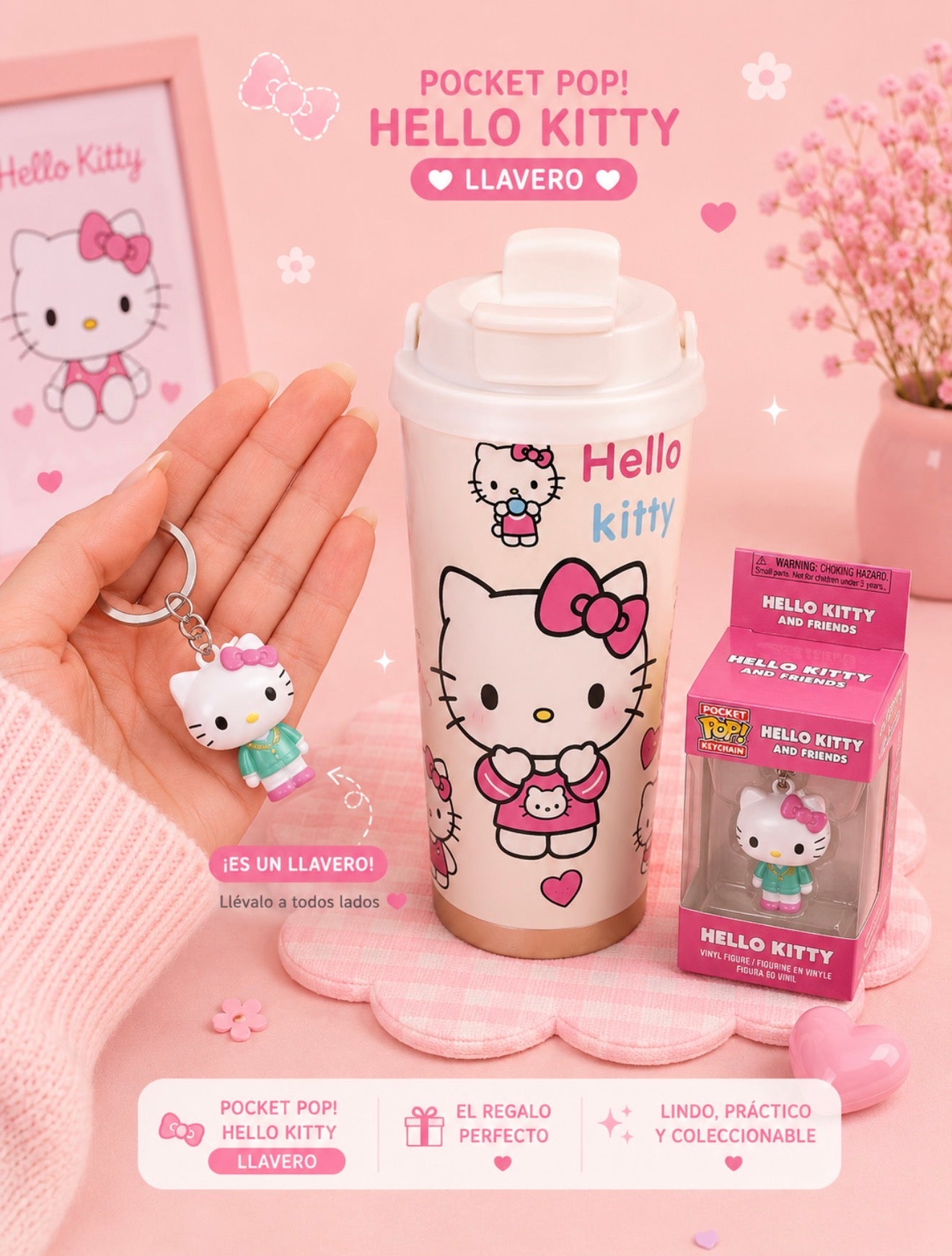 Dúo Vaso Térmico 16 onzs Hello Kitty + Llavero Pocket Pop