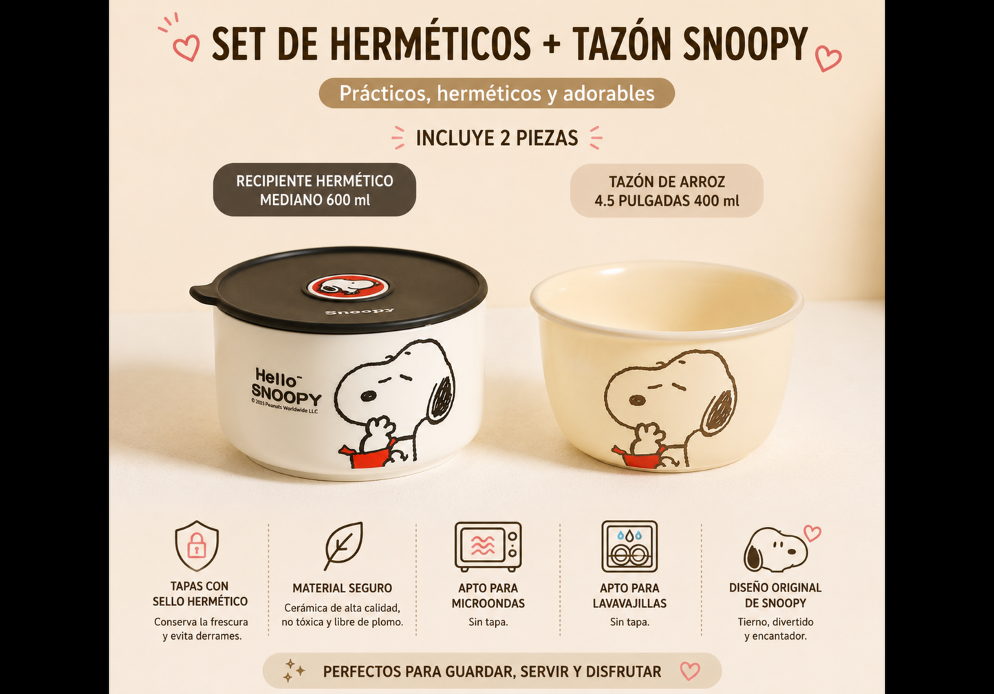 Set Hermético Snoopy 600 ml + Tazón de Cerámica 400 ml