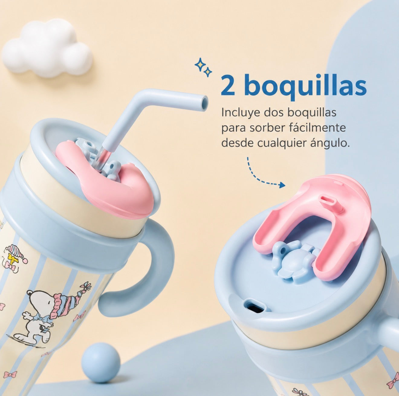 Vaso Térmico Snoopy con Asa y Pajilla – 1200 ml