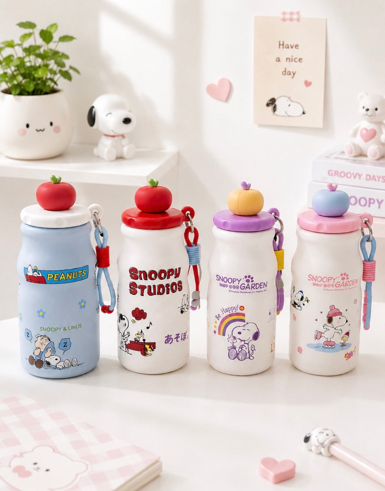 Termo Snoopy con Pajilla de Acero Inoxidable 16 oz