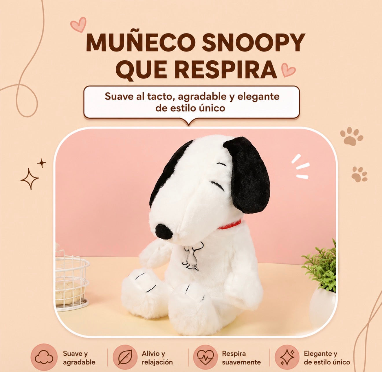Peluche Snoopy Respiración Antiansiedad con Luz y Sonidos 32 cms