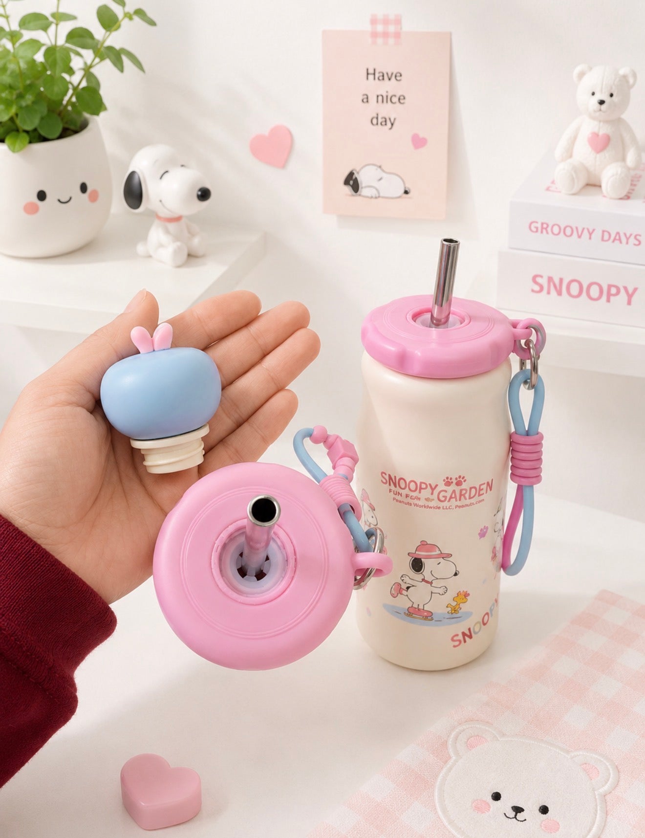 Termo Snoopy con Pajilla de Acero Inoxidable 16 oz