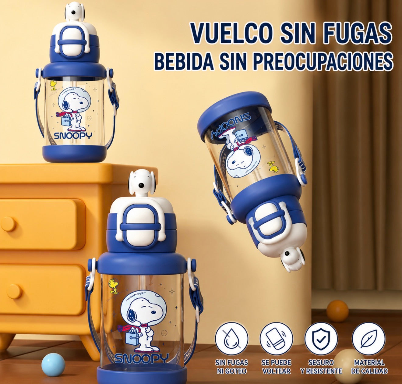 Botella Snoopy con Doble Tapa y Correa – 650 ml