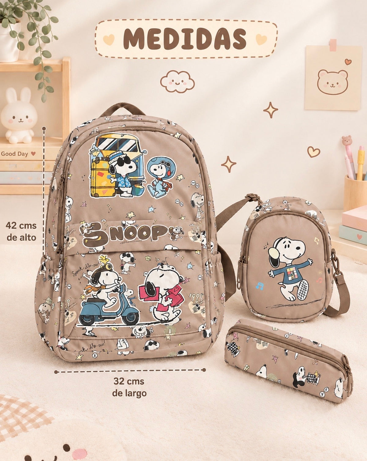 Trío Mochila Snoopy – Mochila + Pechera + Estuche