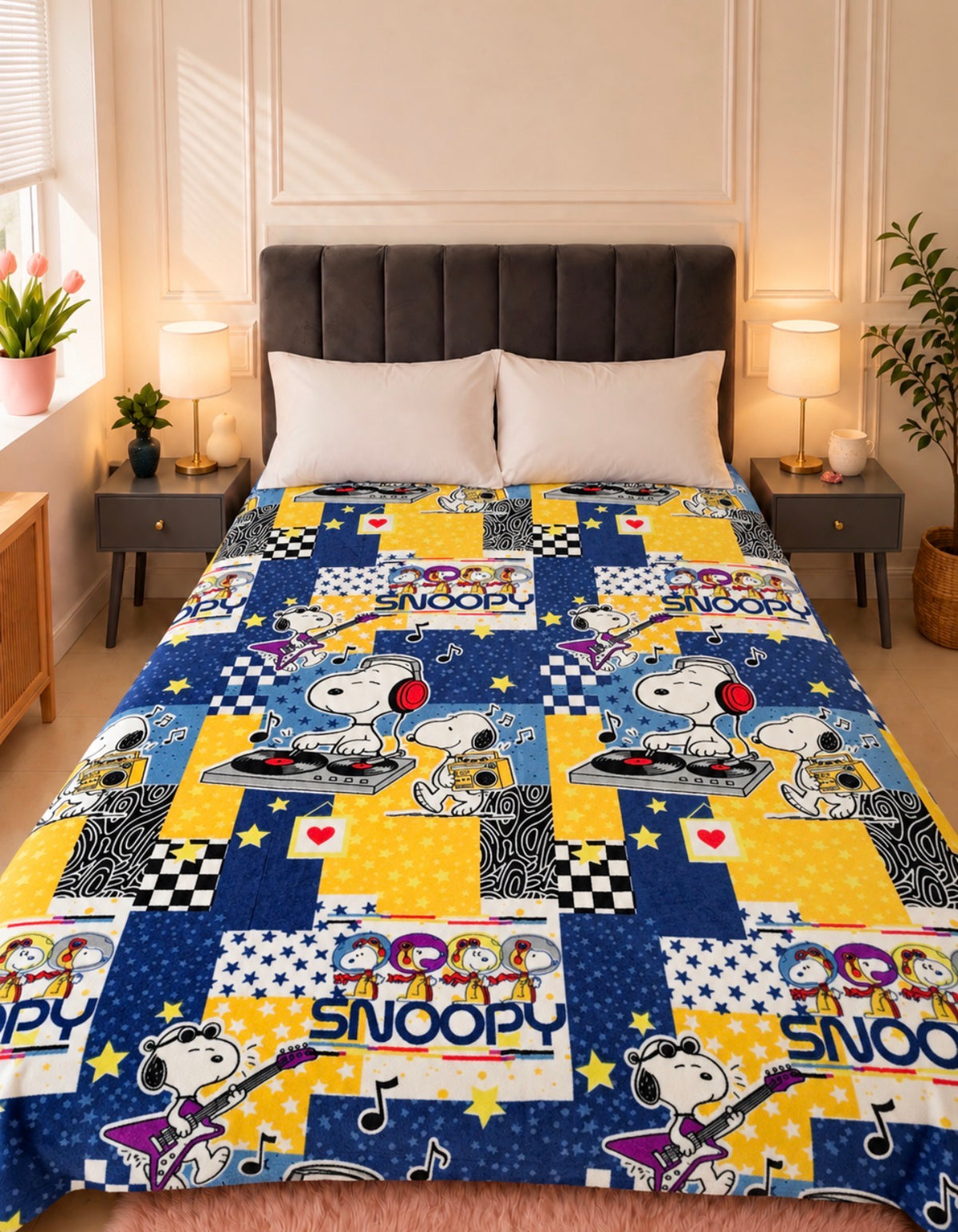 Combo Snoopy Cozy – Frazada Matrimonial + Almohadón + Lámpara