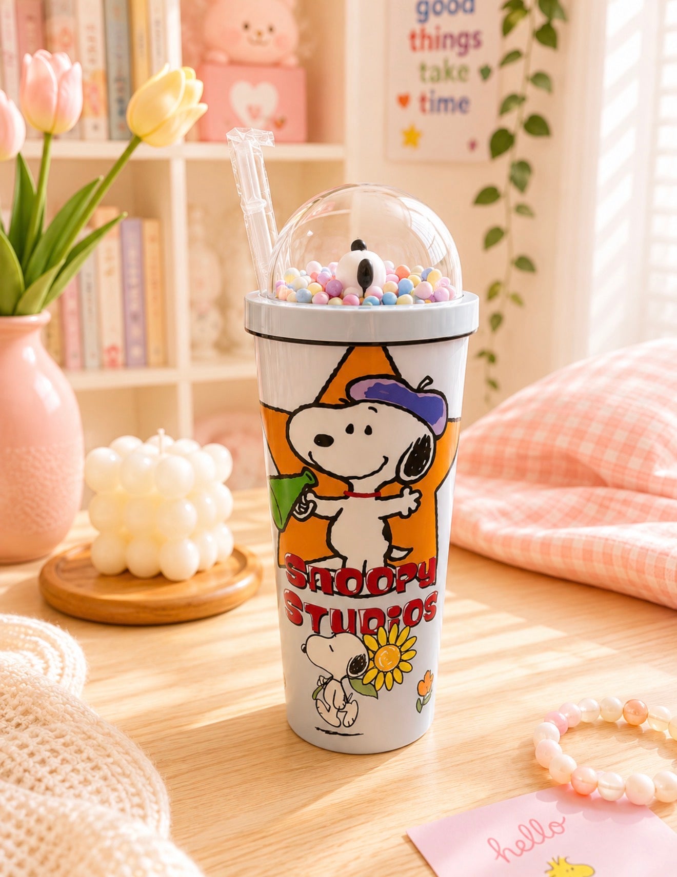 Vaso Térmico Snoopy con Domo y Pajilla 750 ml