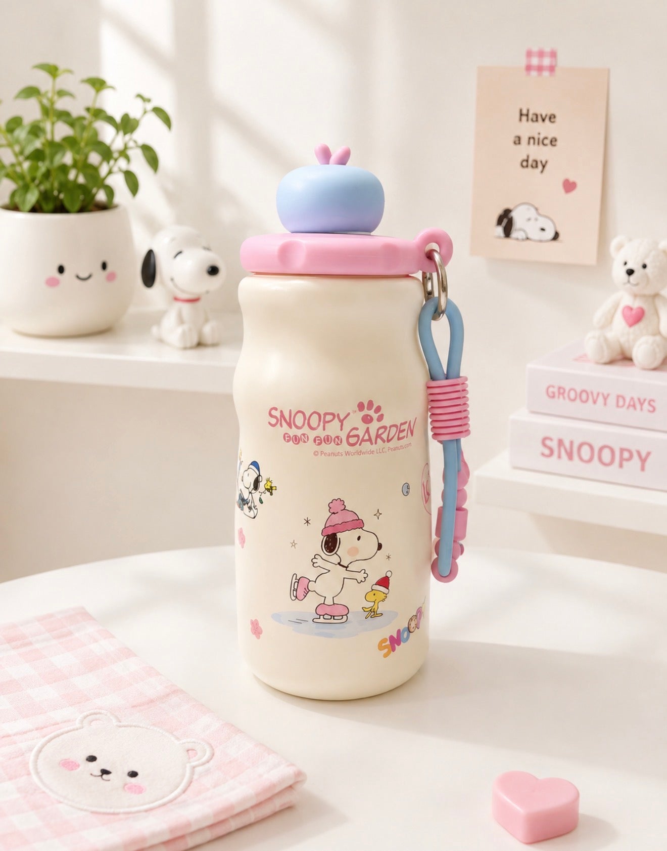 Termo Snoopy con Pajilla de Acero Inoxidable 16 oz