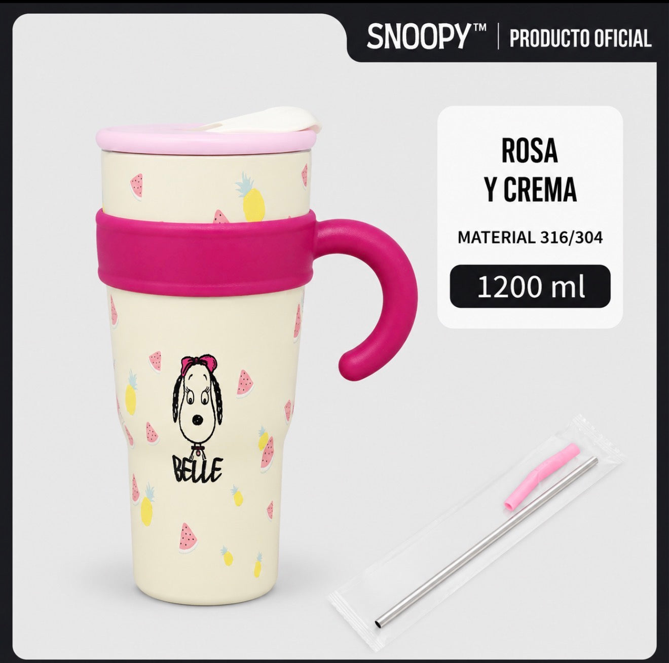 Vaso Térmico Snoopy con Asa y Pajilla – 1200 ml