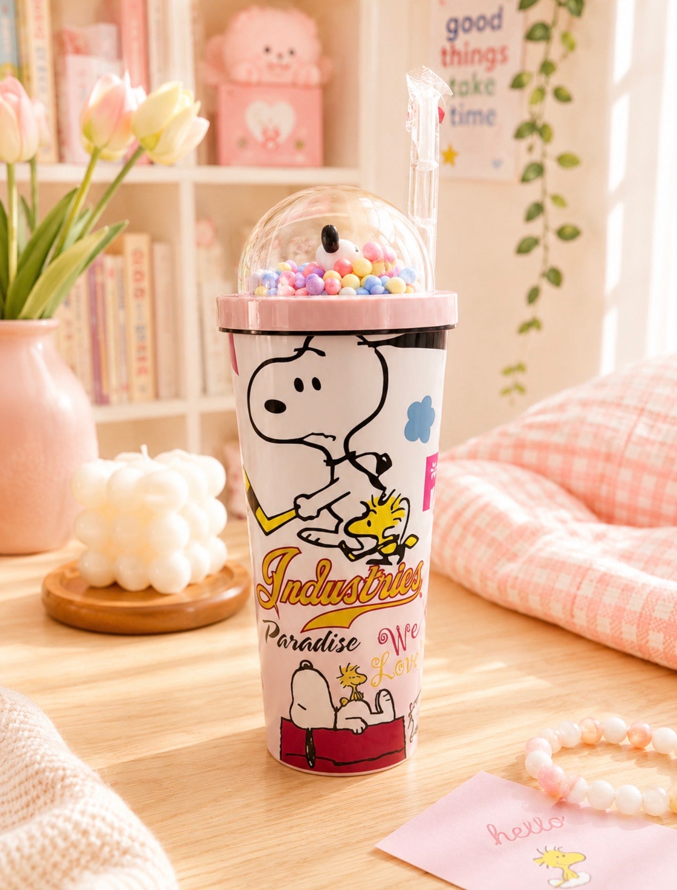 Vaso Térmico Snoopy con Domo y Pajilla 750 ml