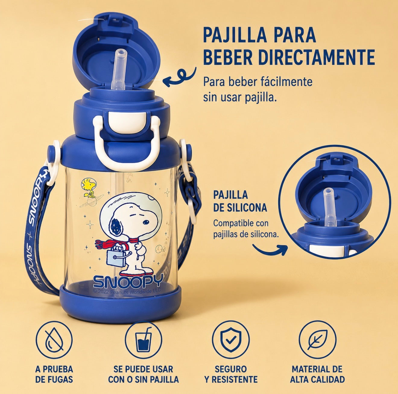 Botella Snoopy con Doble Tapa y Correa – 650 ml