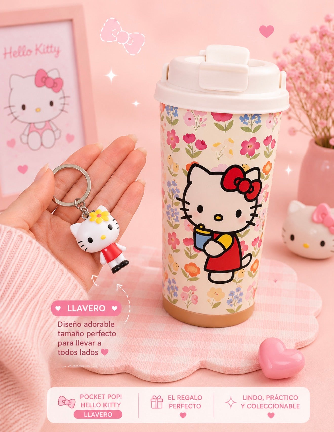 Dúo Vaso Térmico 16 onzs Hello Kitty + Llavero Pocket Pop
