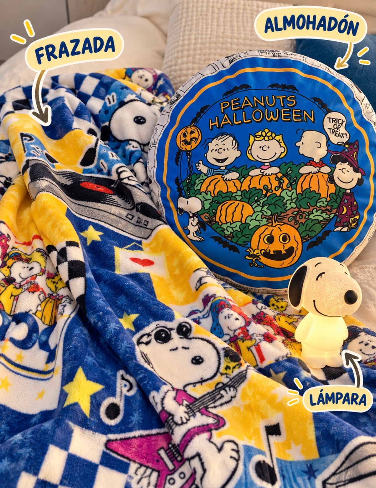Combo Snoopy Cozy – Frazada Matrimonial + Almohadón + Lámpara
