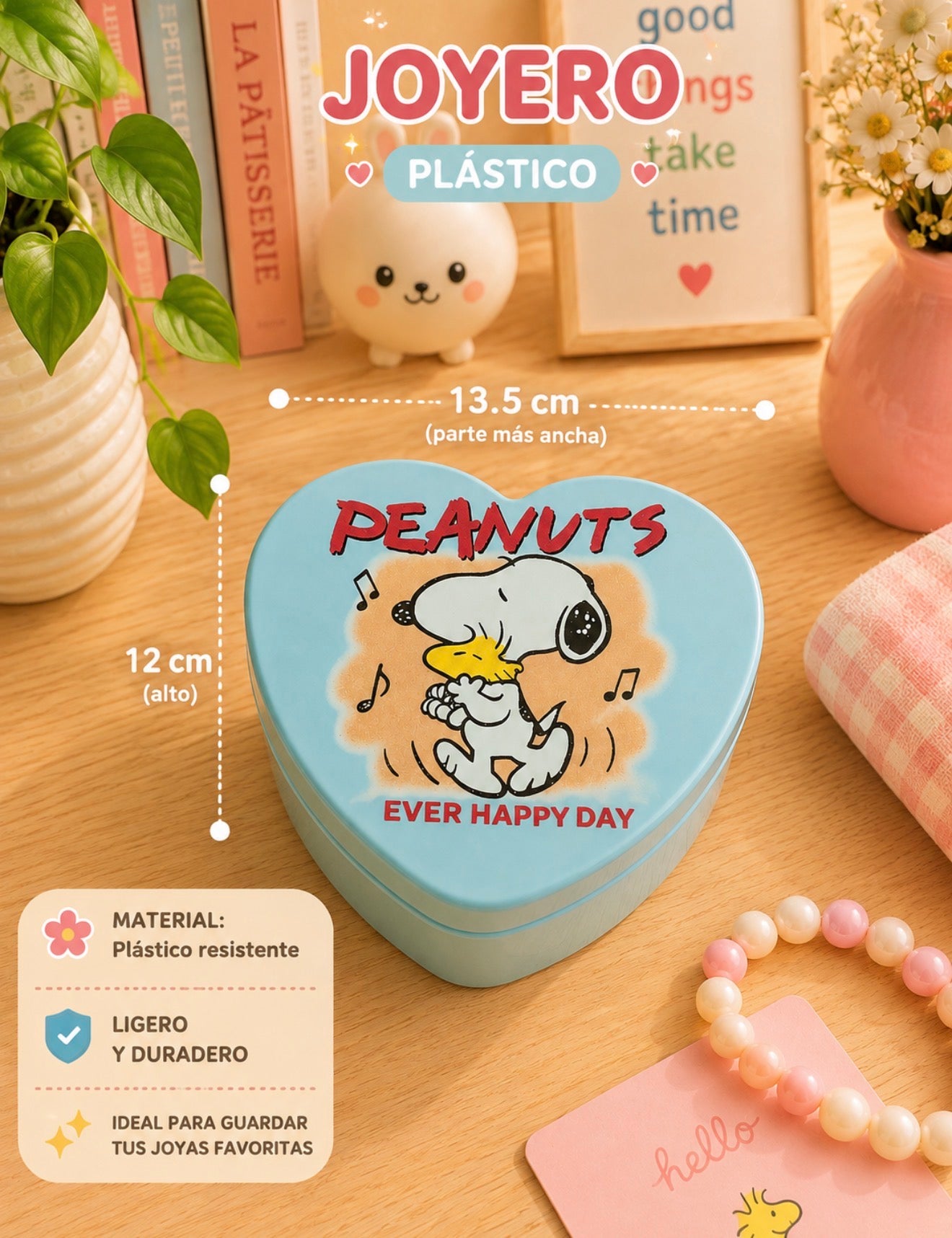 Joyero de Plástico Snoopy en Forma de Corazón