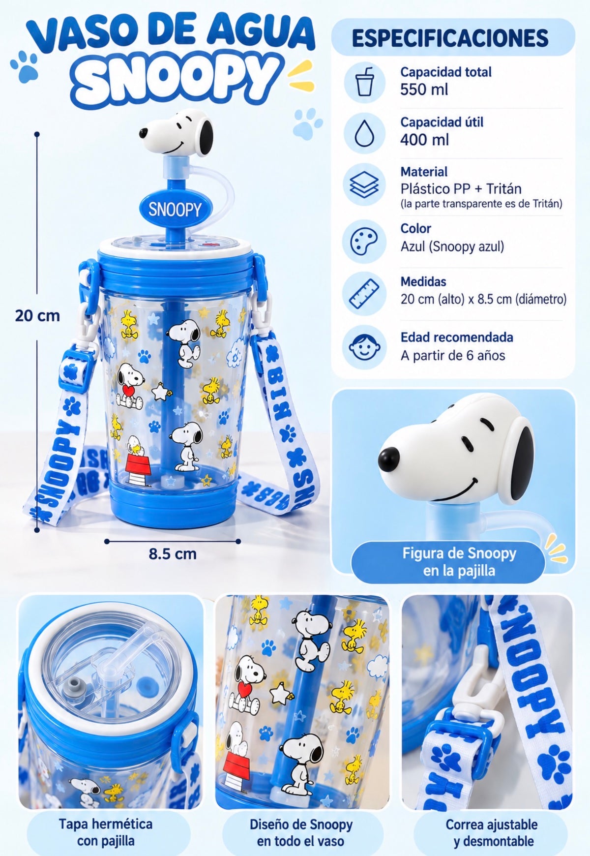 Vaso Tumbler Snoopy con Pajilla y Correa – 550 ml