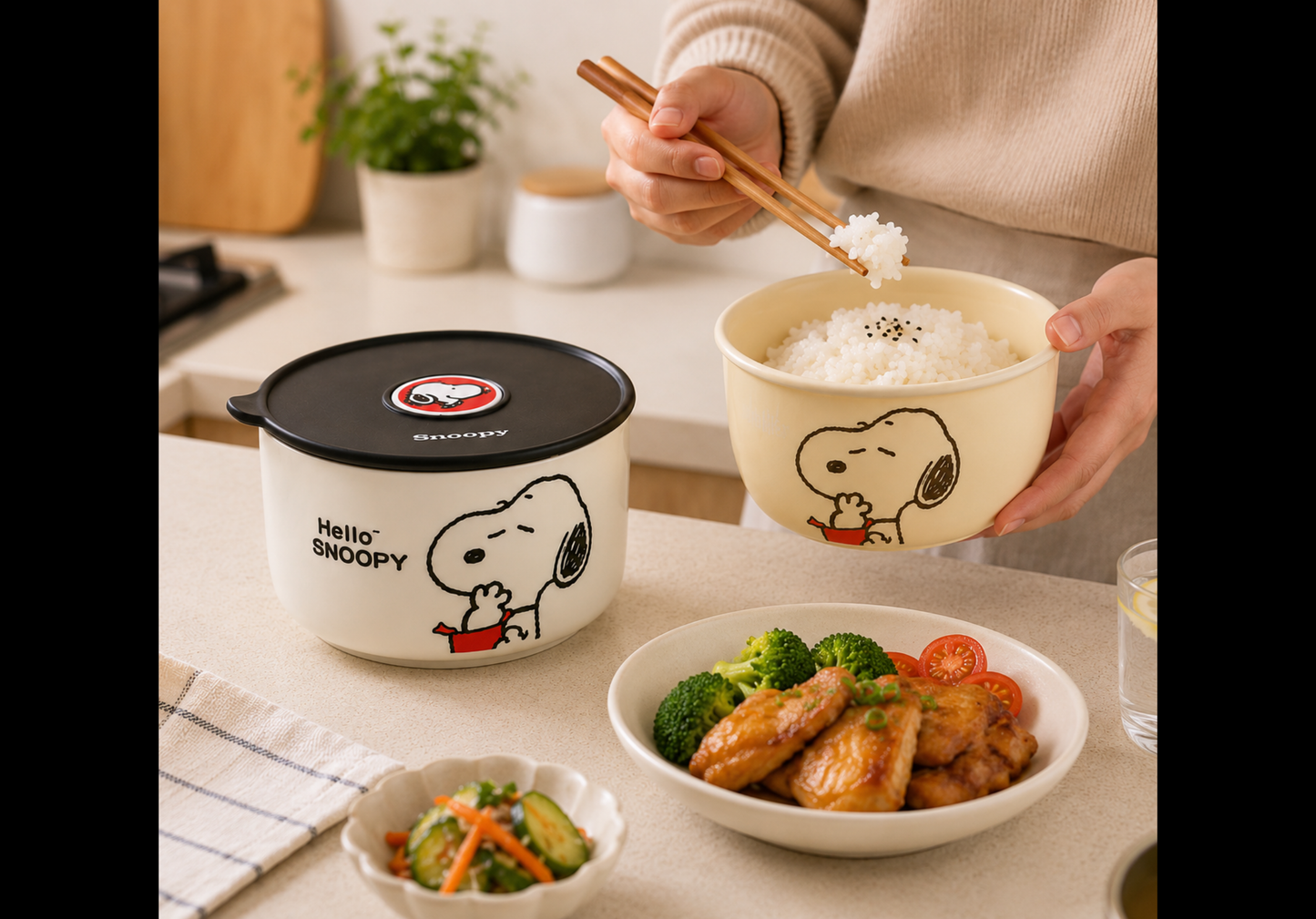 Set Hermético Snoopy 600 ml + Tazón de Cerámica 400 ml
