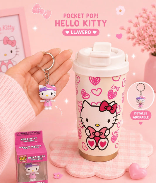 Dúo Vaso Térmico 16 onzs Hello Kitty + Llavero Pocket Pop