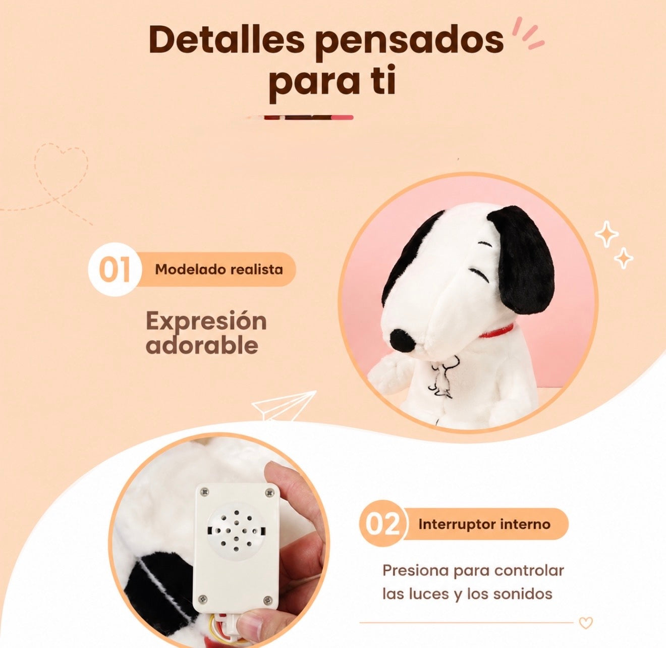 Peluche Snoopy Respiración Antiansiedad con Luz y Sonidos 32 cms