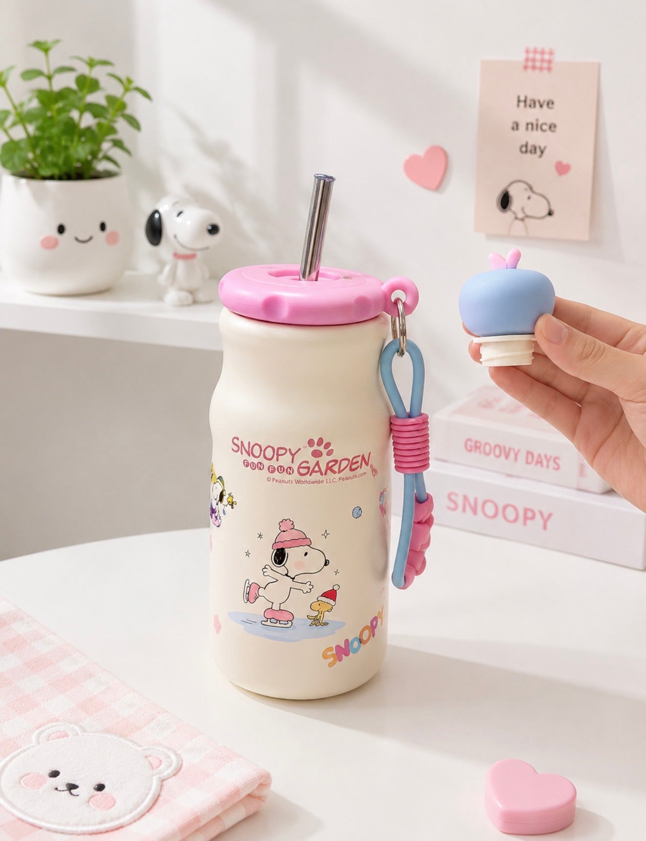 Termo Snoopy con Pajilla de Acero Inoxidable 16 oz