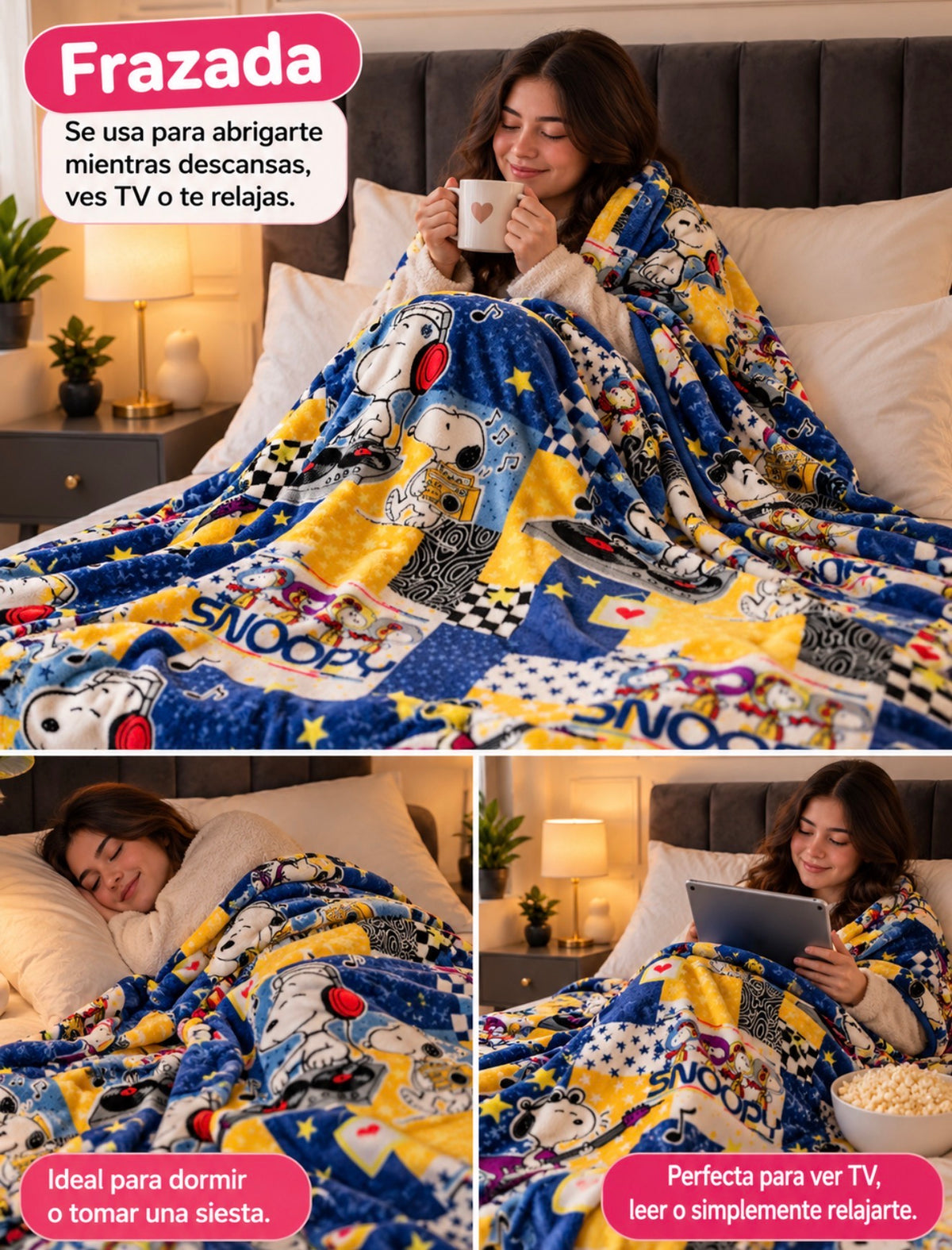 Combo Snoopy Cozy – Frazada Matrimonial + Almohadón + Lámpara