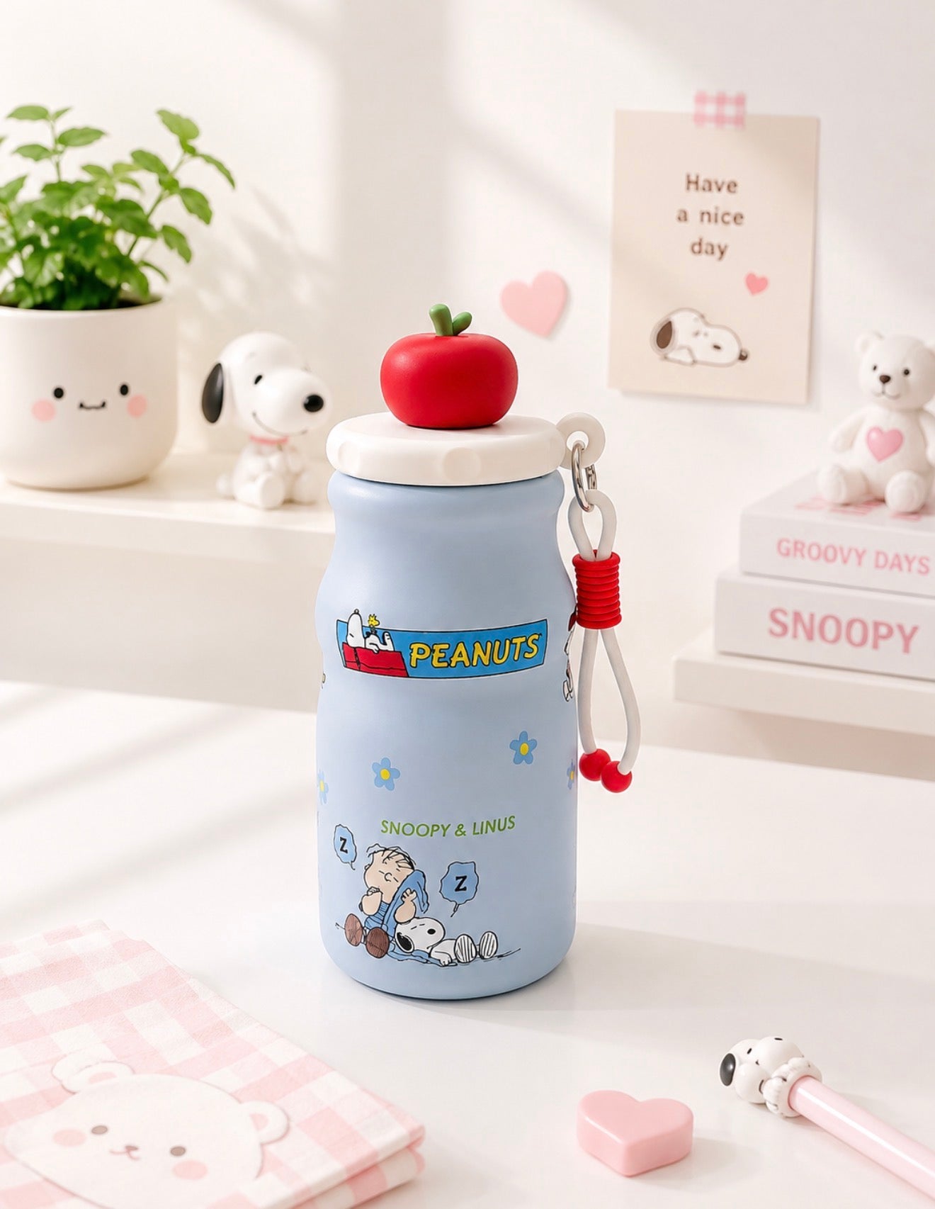 Termo Snoopy con Pajilla de Acero Inoxidable 16 oz