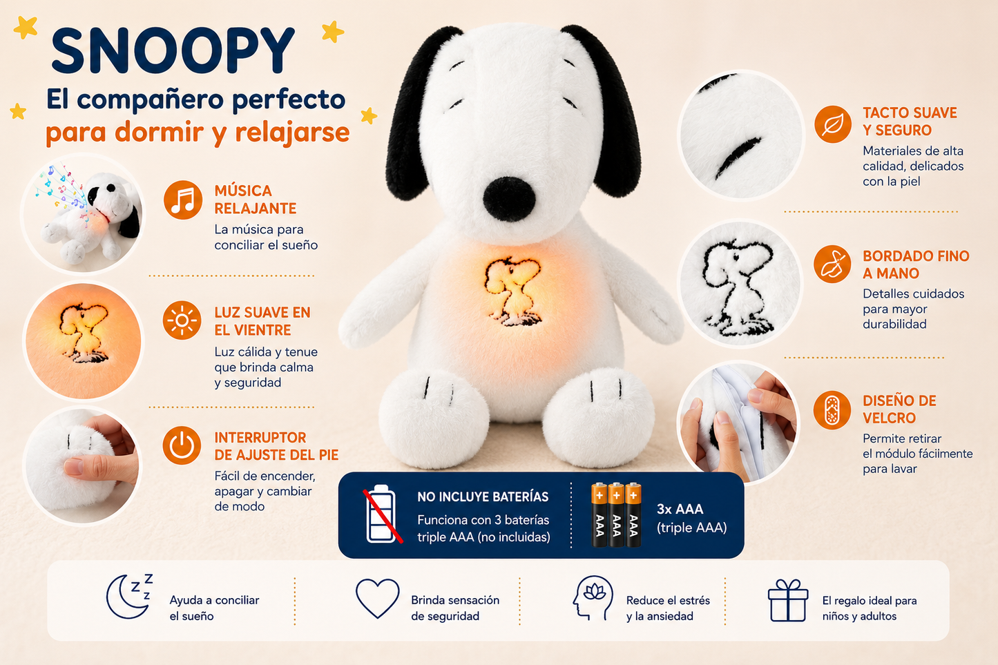 Peluche Snoopy Respiración Antiansiedad con Luz y Sonidos 32 cms