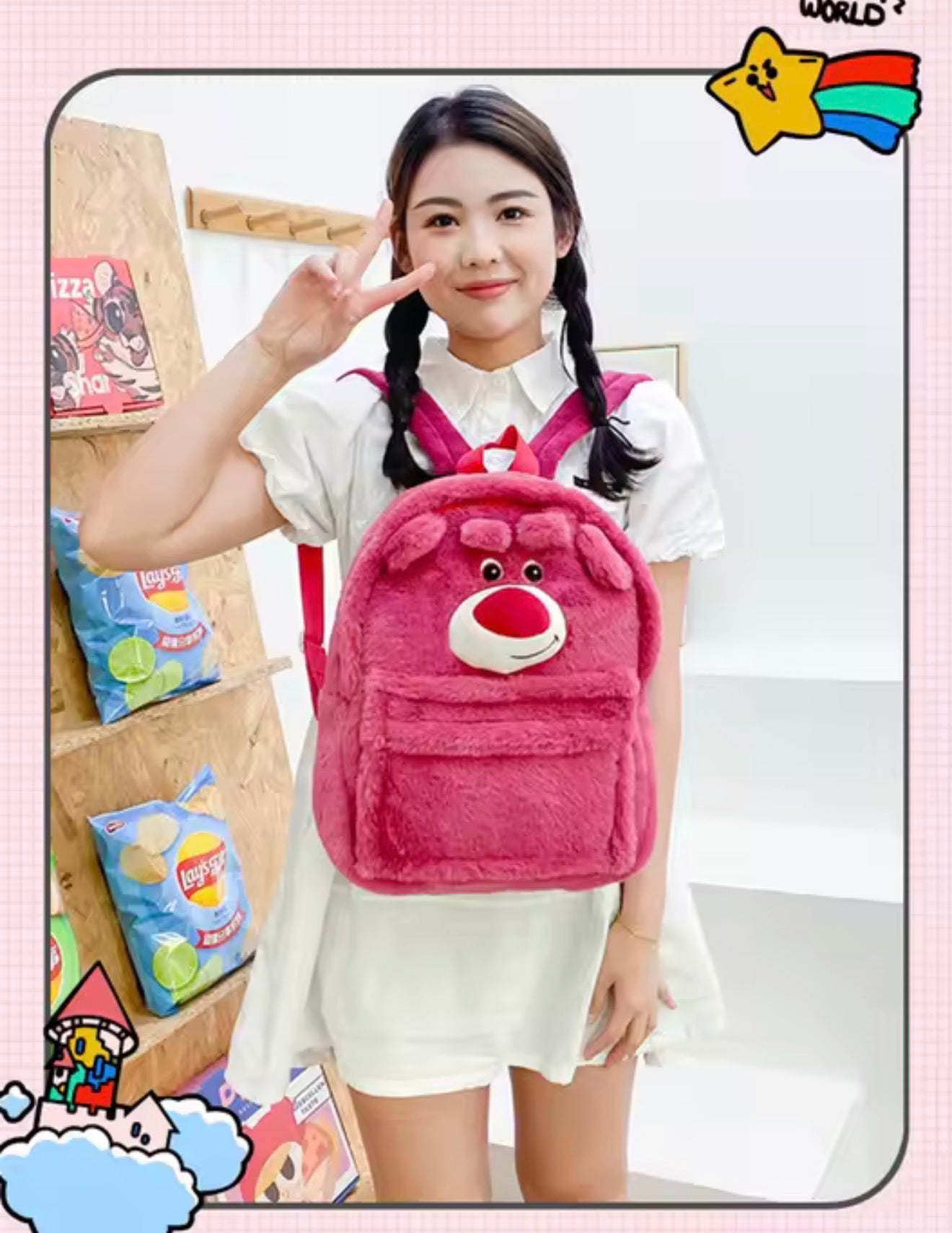 🧸🎒 Mochila Peluche Lotso (Tamaño Oficio) 💗✨